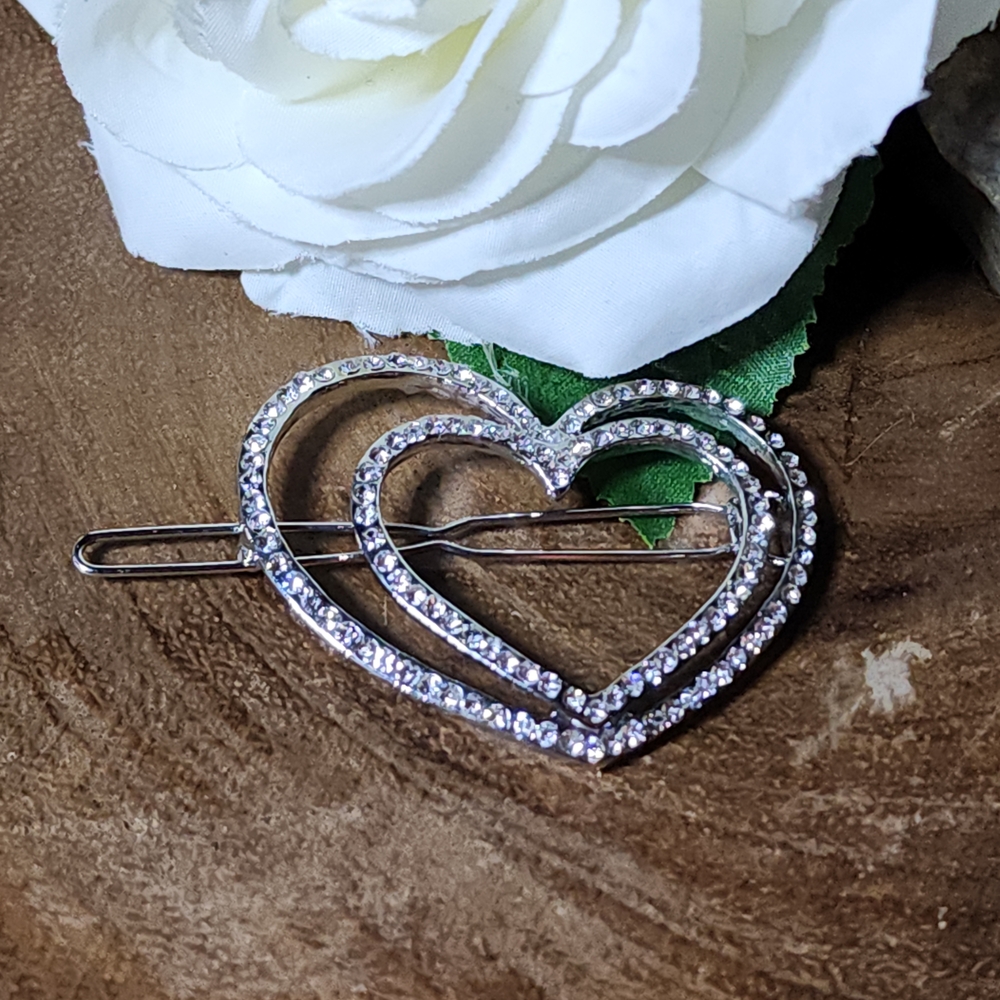Elegant Hair Clip or Barrette with Silver Tone, Crystal Encrusted Double Hearts